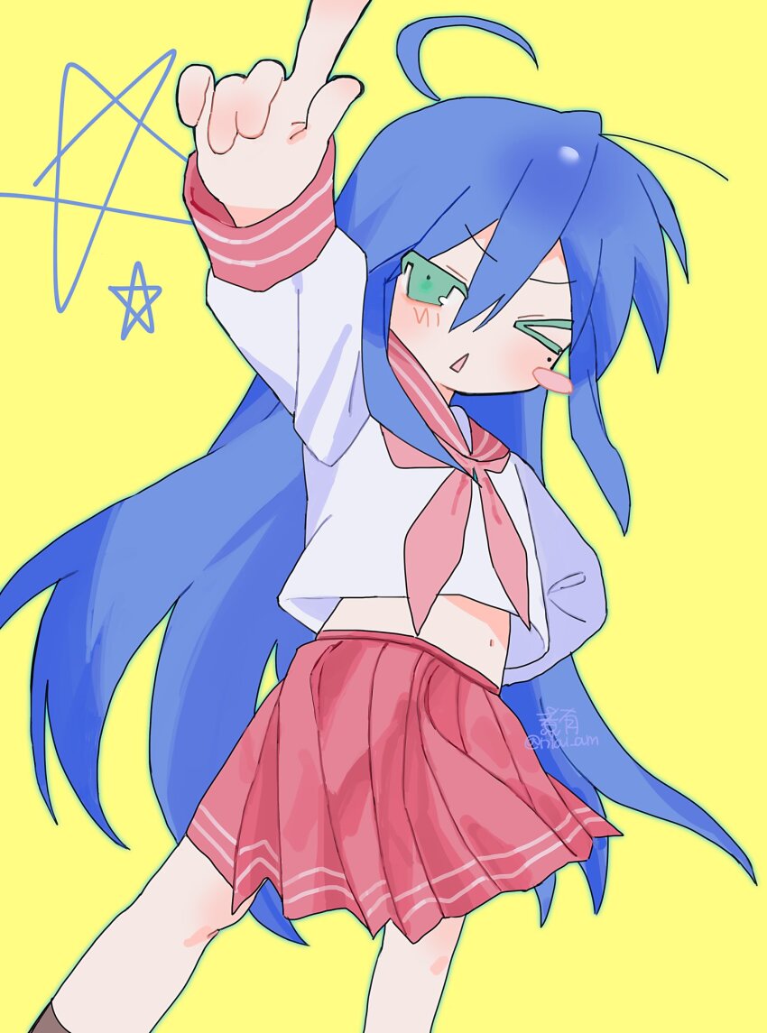 >_o, 1girl, ahoge, blue_hair, blush, blush_stickers, green_eyes, hair_between_eyes