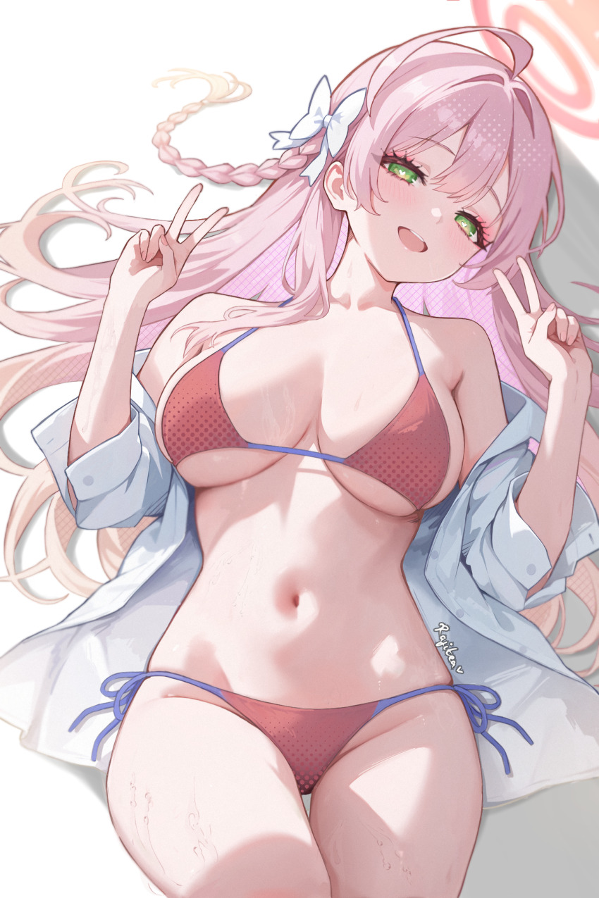 1girl, ahoge, bikini, blue_archive, blush, bow, braid, breasts, cleavage, collarbone, double_v, dress_shirt, green_eyes, hair_bow, halo, hanako_(blue_archive), hanako_(swimsuit)_(blue_archive), heart, heart-shaped_pupils, highres, large_breasts, long_hair, long_sleeves, looking_at_viewer, lying, navel, official_alternate_costume, on_back, open_clothes, open_mouth, open_shirt, pink_hair, pink_halo, rafi_(rafitea), red_bikini, shirt, side-tie_bikini_bottom, skindentation, smile, solo, stomach, string_bikini, swimsuit, symbol-shaped_pupils, teeth, upper_teeth_only, v, wet, white_bow, white_shirt
