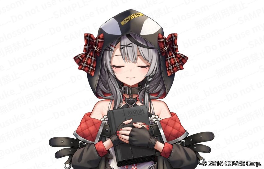 1girl, 8766103, animal_hood, black_collar, black_gloves, black_hair, black_hood, black_jacket