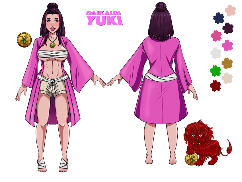 abs, amulet, black_hair, breasts, chest_sarashi, cleavage, color_guide, covered_erect_nipples