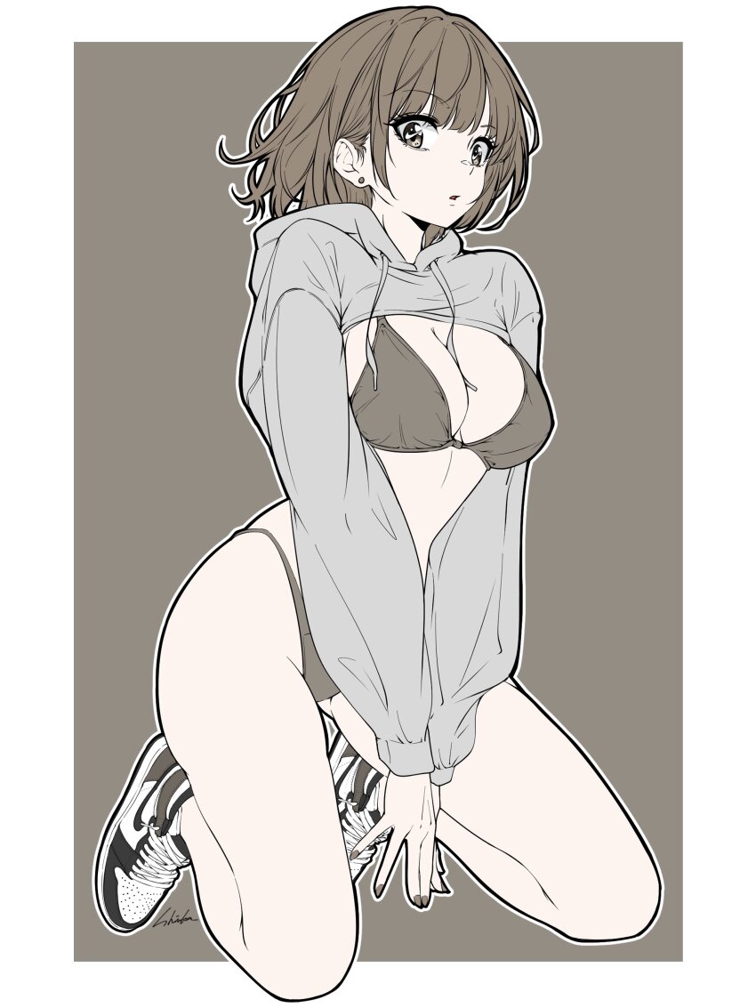 1girl, absurdres, bambi_surprise, black_bra, black_panties, bra, crop_top, ear_piercing