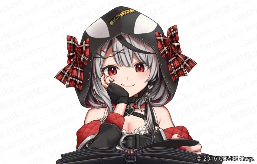 1girl, 8766103, animal_hood, black_collar, black_gloves, black_hair, black_hood, black_jacket, blush, book, bow, braid, breasts, camisole, caution_tape, center-flap_bangs, chest_belt, cleavage, closed_mouth, collar, commentary_request, company_name, copyright_notice, fingerless_gloves, fingernails, frilled_camisole, frills, gloves, grey_hair, hair_ornament, hairpin, hand_on_own_cheek, hand_on_own_face, head_rest, heart_collar, heart_pendant, hololive, hood, hood_up, jacket, long_sleeves, looking_at_viewer, multicolored_hair, multiple_hairpins, nail_polish, off-shoulder_jacket, off_shoulder, official_art, open_book, open_clothes, open_jacket, orca_hood, parody, parsley-f_(style), pendant_collar, photo_album, plaid_bow, quilted_clothes, quilted_jacket, red_eyes, red_nails, sakamata_chloe, sakamata_chloe_(1st_costume), side_braid, simple_background, sleeve_cuffs, smile, smirk, spaghetti_strap, streaked_hair, style_parody, too_many_watermarks, two-sided_fabric, two-sided_jacket, upper_body, virtual_youtuber, watermark, white_background, white_camisole, x_hair_ornament, yoshitatsu_ousuke