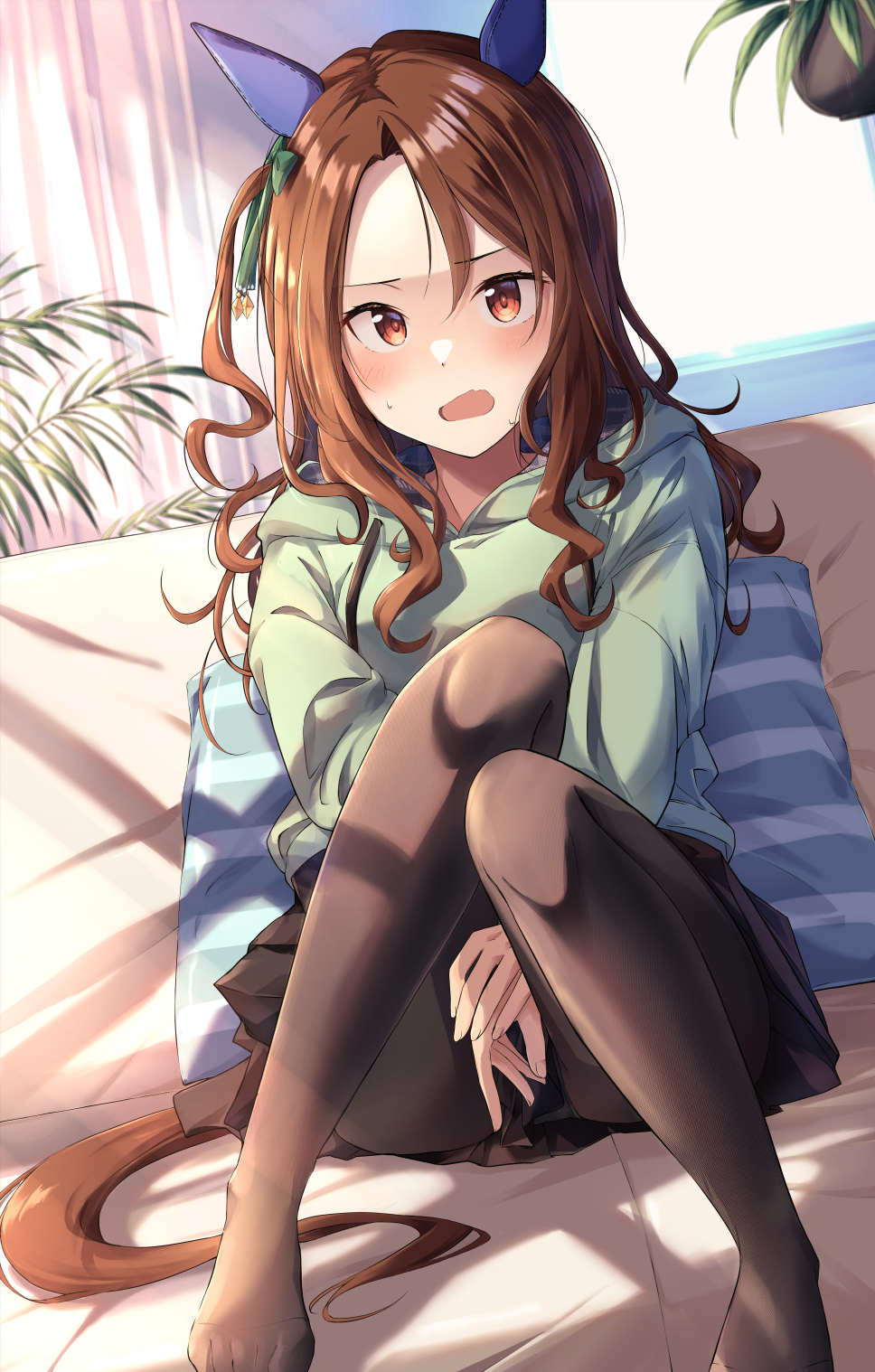 1girl, animal_ears, black_skirt, brown_eyes, brown_hair, brown_pantyhose, commentary_request, green_shirt