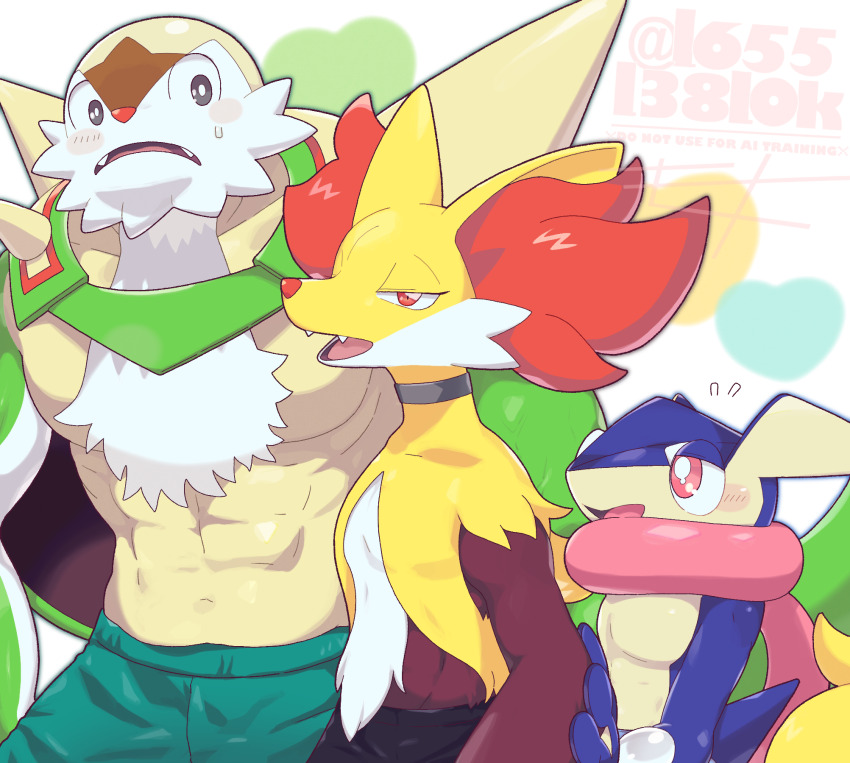 3boys, abs, bara, blush, chesnaught, commentary_request, delphox, fangs
