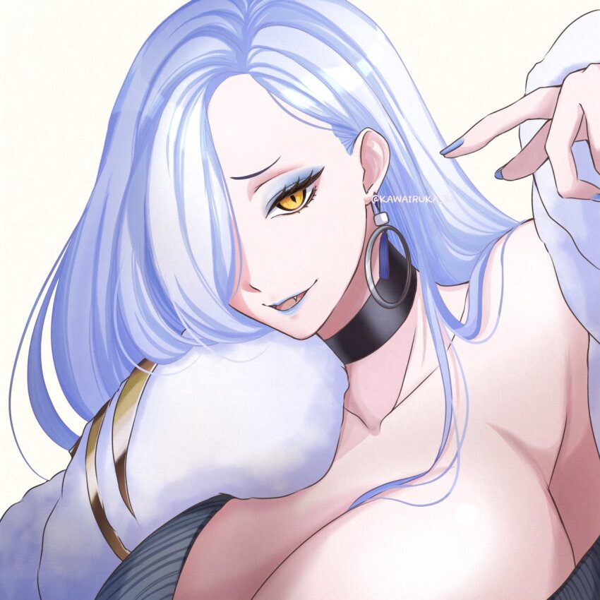 1girl, bare_shoulders, blue_lips, breasts, choker, cleavage, collarbone, dress