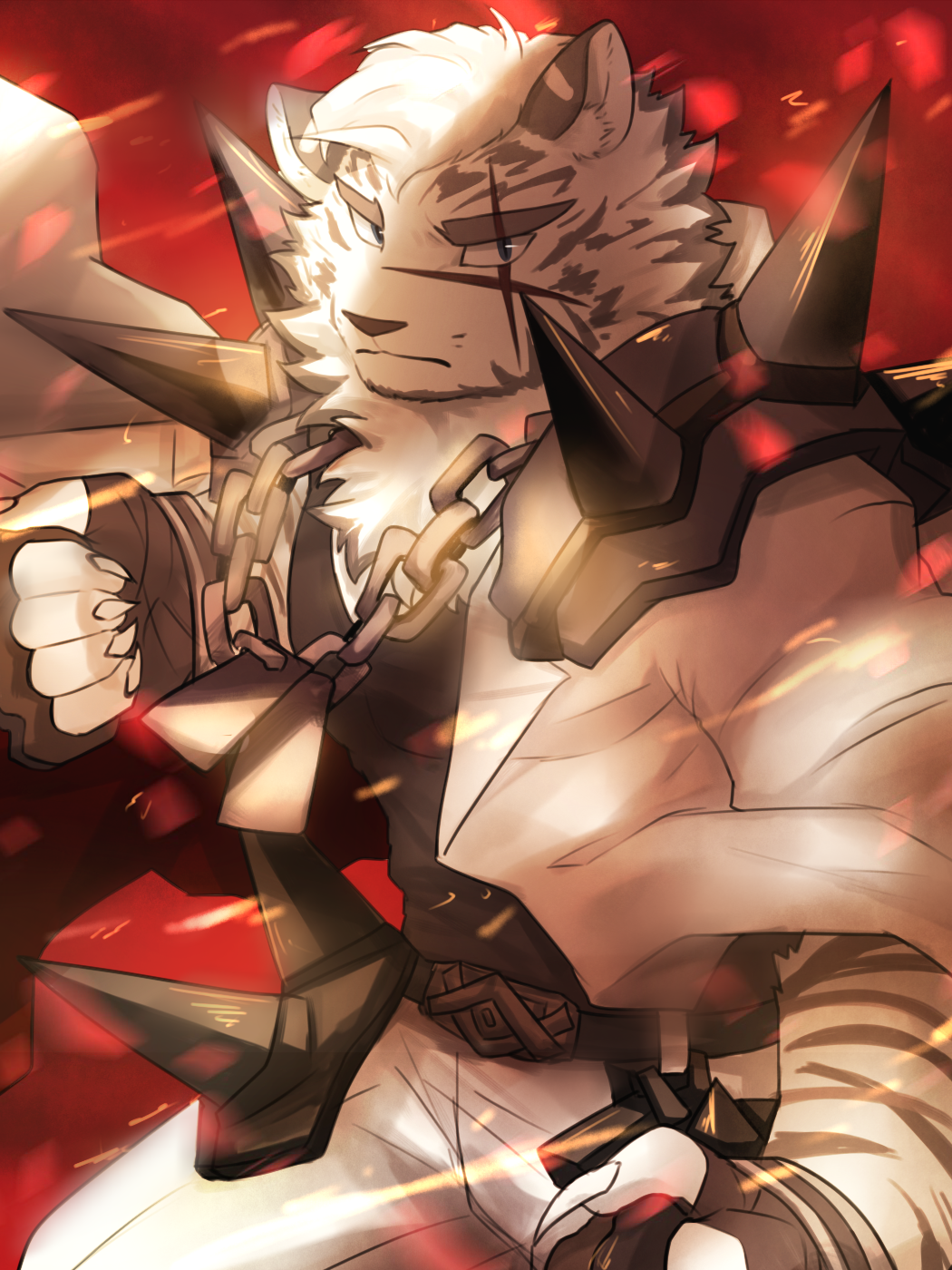 1boy, animal_ears, arknights, bandaged_hand, bandages, chain, chain_necklace, claws, closed_mouth, cross_scar, dog_tags, facial_scar, furry, furry_male, highres, jewelry, looking_at_viewer, male_focus, mountain_(arknights), necklace, scar, scar_across_eye, scar_on_cheek, scar_on_face, sirius_4055, tiger_boy, tiger_ears, tiger_stripes