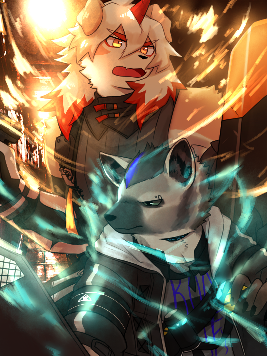2boys, arknights, black_jacket, black_shirt, claws, closed_mouth, colored_tips, commentary_request, eyebrow_piercing, face_piercing, fang, furry, furry_male, highres, holding, holding_shield, horns, hung_(arknights), hyena_boy, hyena_ears, infection_monitor_(arknights), jacket, komainu_boy, komainu_ears, male_focus, multicolored_hair, multiple_boys, open_mouth, piercing, shield, shirt, single_horn, sirius_4055, skin_fang, sleeveless, sleeveless_shirt, spot_(arknights)