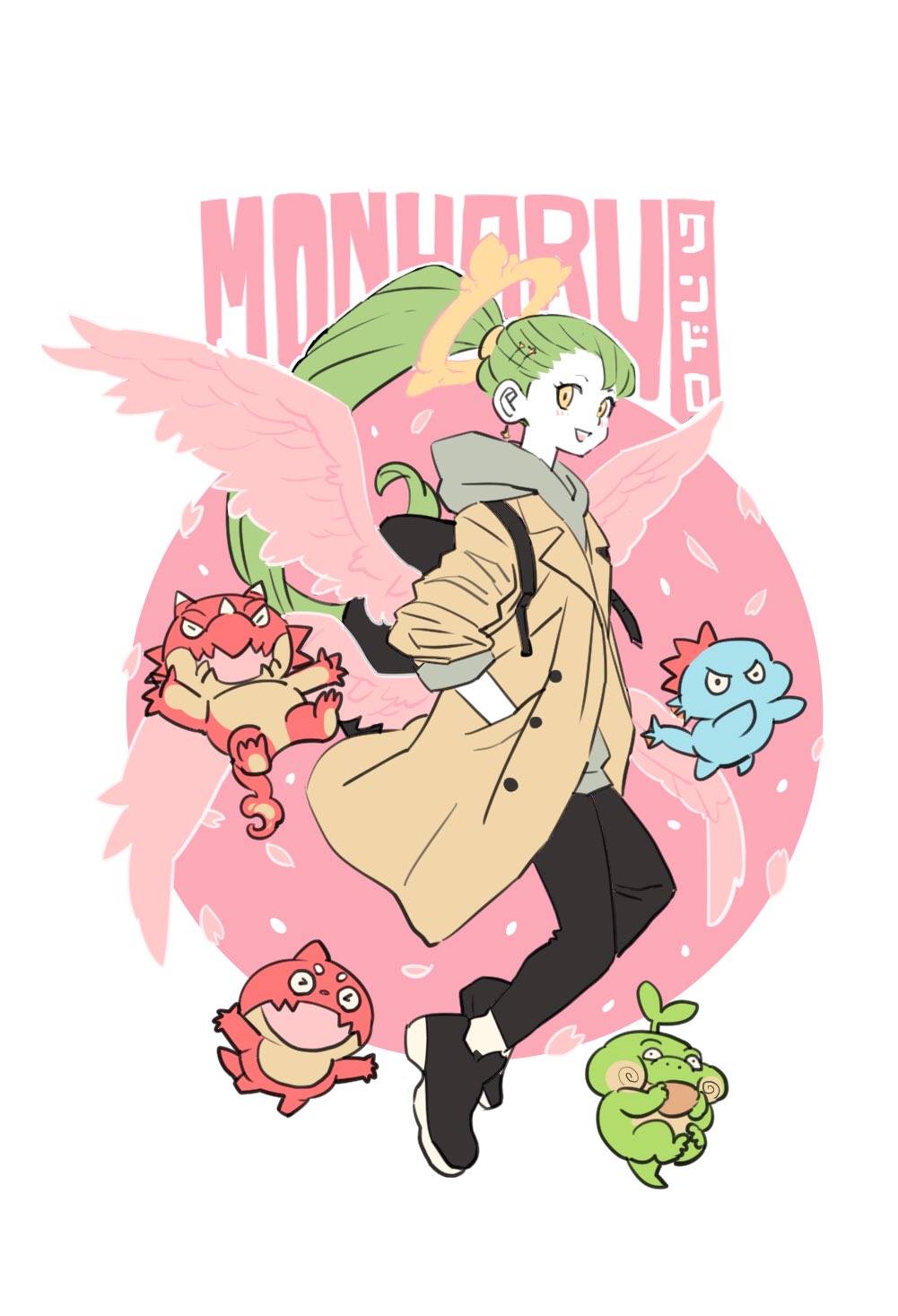 1girl, bag, black_footwear, black_pants, blue_smydra, circle, commentary_request, earrings