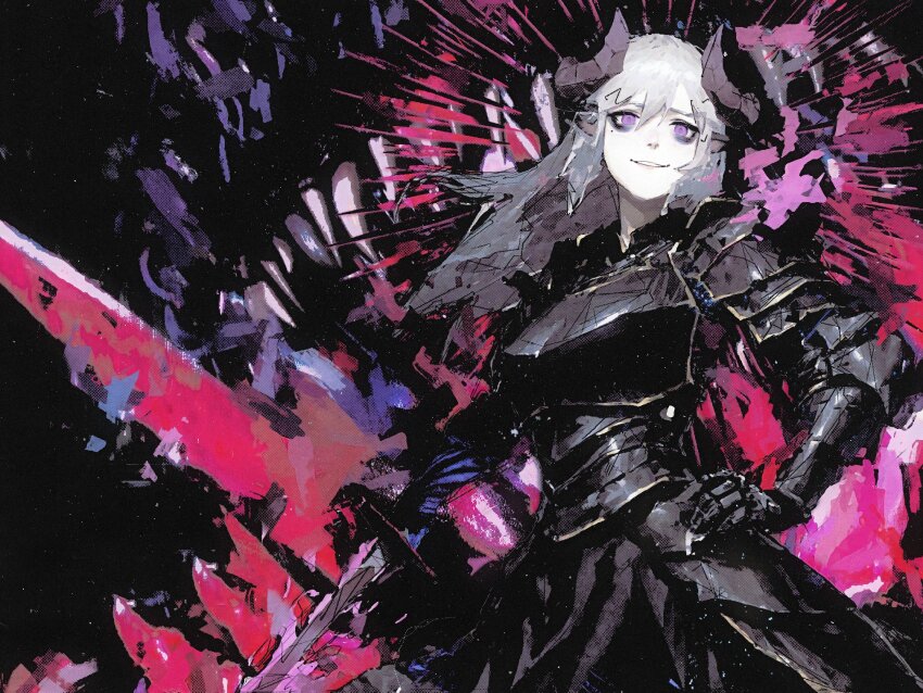 1girl, animal_ears, armor, black_armor, chikafuji_lisa, grey_hair, hand_on_own_hip, highres