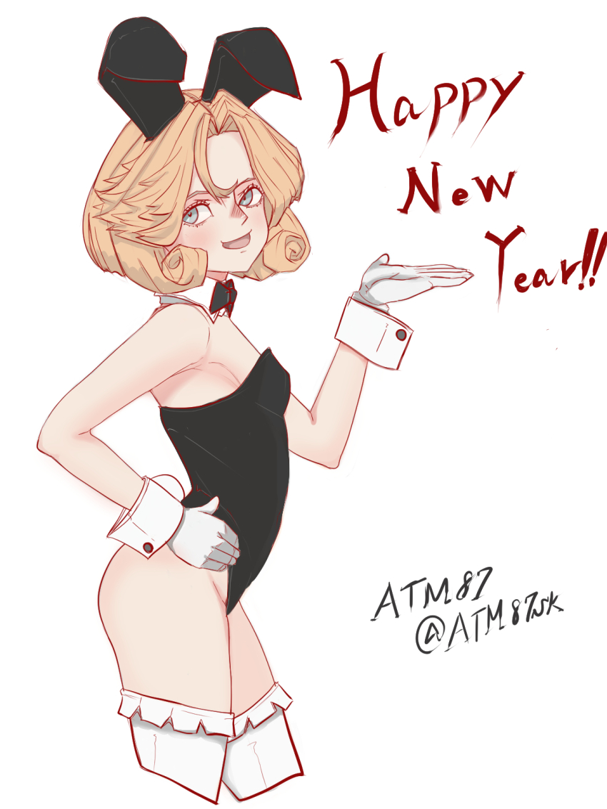 1girl, animal_ear_hairband, animal_ears, atm87, black_bow, black_bowtie, black_leotard, blonde_hair