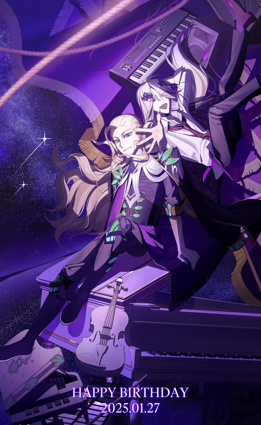 2boys, :d, absurdres, amatsuka_(fate), black_boots, black_coat, black_corset, black_pants