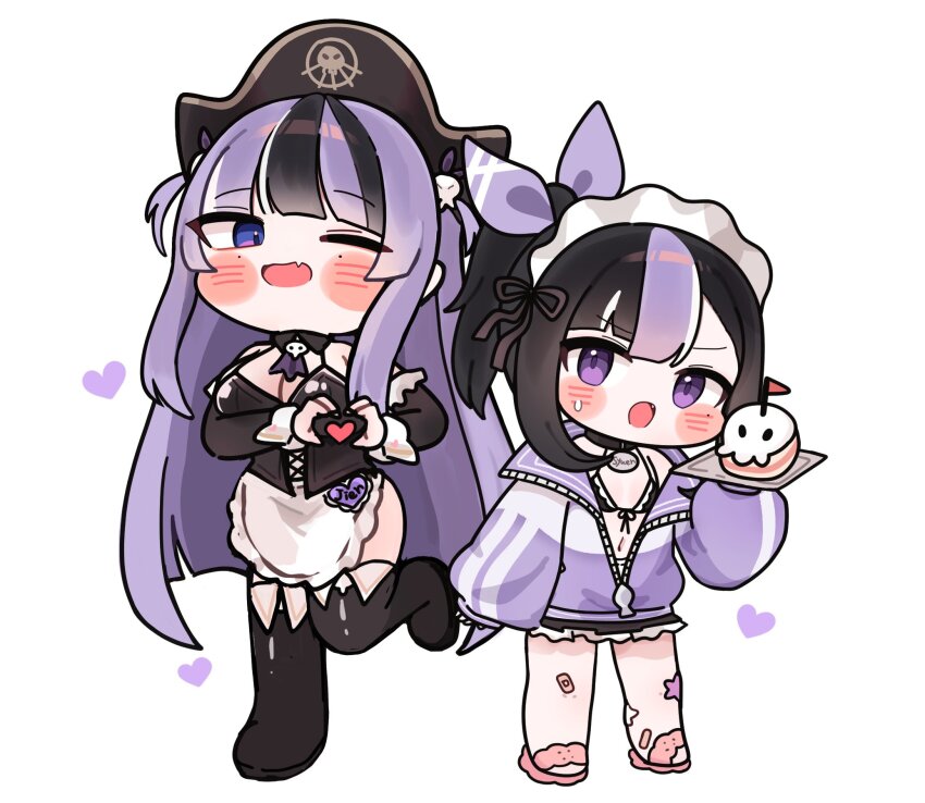 2girls, anchor_(nikke), anchor_(nikke)_(cosplay), black_choker, black_corset, black_hair, breasts, chibi, choker, corset, cosplay, fang, goddess_of_victory:_nikke, half-siblings, hat, heart, highres, hime_cut, jacket, jien_(nikke), large_breasts, looking_at_viewer, mast_(nikke), mast_(nikke)_(cosplay), mming_(mmingis18), mole, mole_under_each_eye, mole_under_eye, multicolored_hair, multiple_girls, multiple_moles, necktie, one_eye_closed, open_clothes, open_jacket, open_mouth, petite, pink_sandals, pirate_hat, ponytail, purple_eyes, purple_hair, purple_jacket, purple_necktie, sandals, simple_background, skin_fang, skull_choker, skull_collar, skull_print, small_breasts, streaked_hair, syuen_(nikke), white_background, zipper