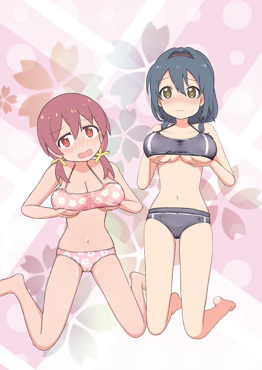 2girls, absurdres, blue_hair, blush, bra, breasts, brown_eyes, cameltoe