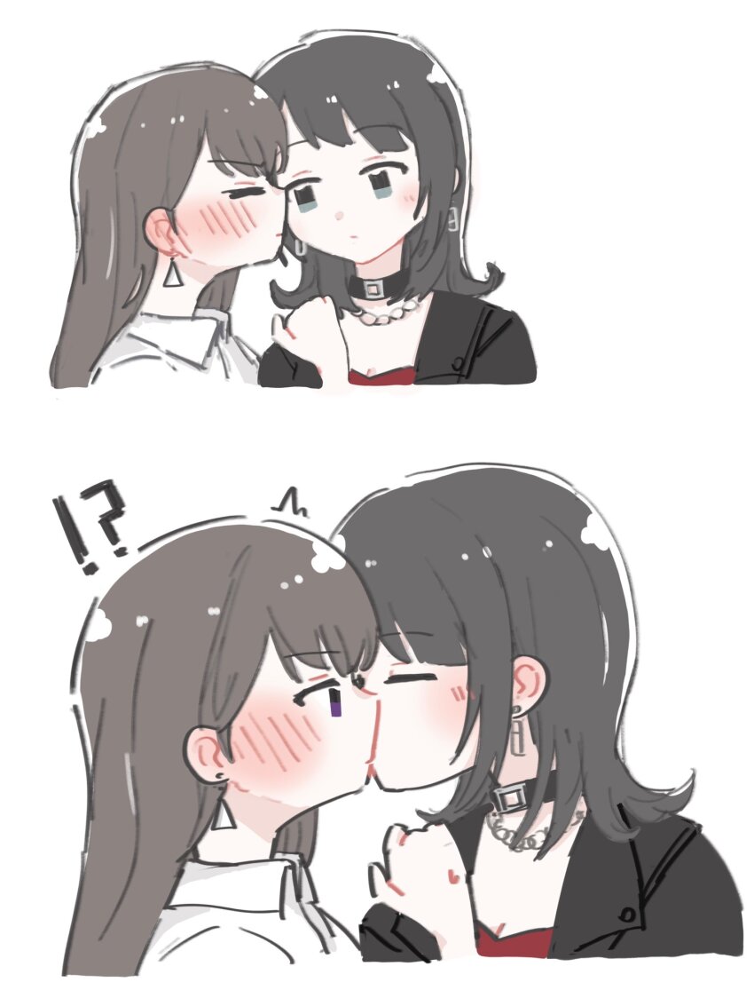 2girls, bang_dream!, bang_dream!_it's_mygo!!!!!, black_choker, black_hair, black_jacket, blue_eyes, blush, brown_hair, chain, chain_necklace, chinese_commentary, choker, closed_mouth, commentary_request, earrings, highres, jacket, jewelry, kiss, kissing_cheek, kuang_quanshui, long_hair, multiple_girls, necklace, purple_eyes, red_shirt, shiina_taki, shirt, simple_background, white_background, white_shirt, yahata_umiri, yuri