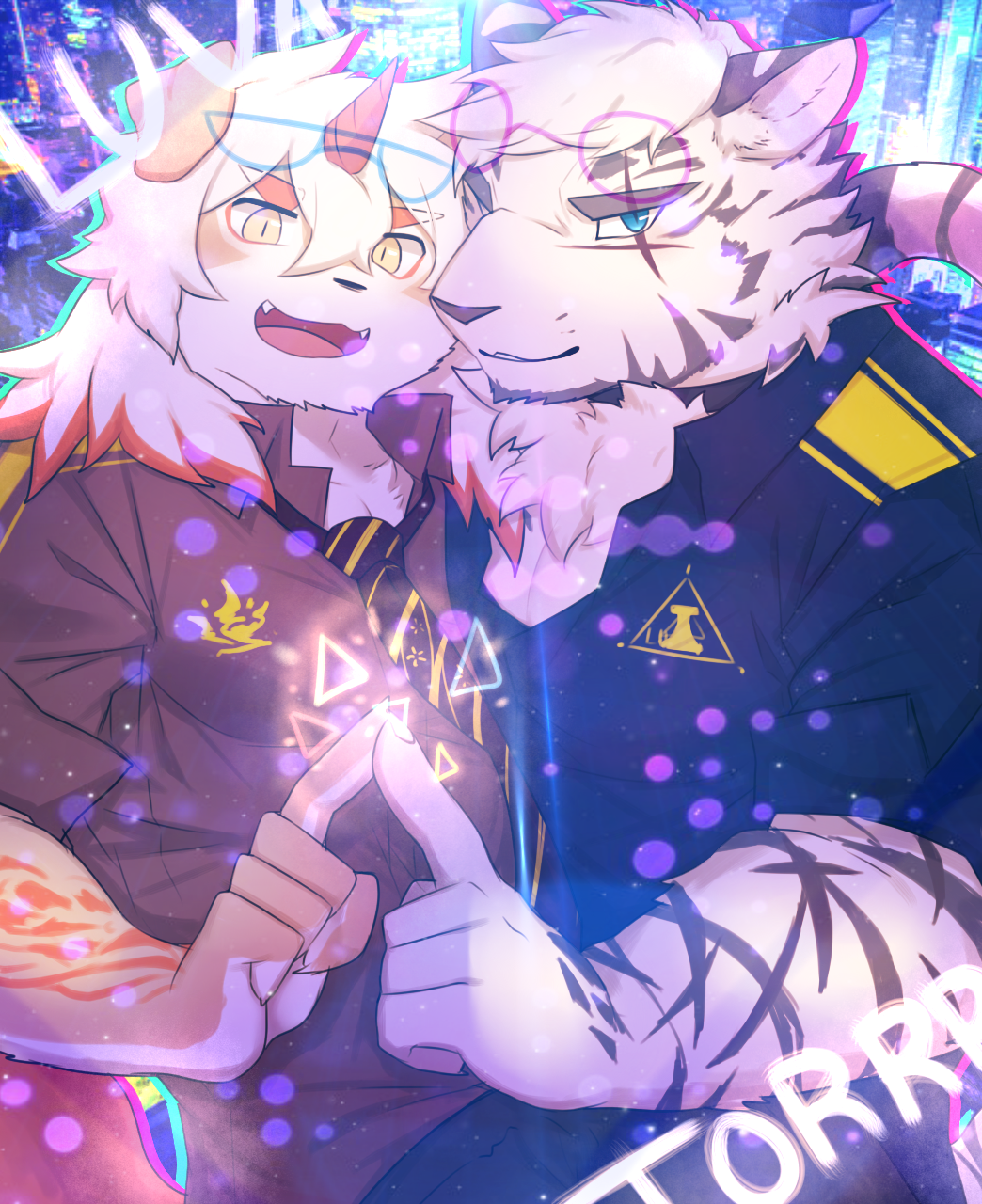 2boys, animal_ears, arknights, blue_eyes, colored_tips, cross_scar, facial_scar, furry