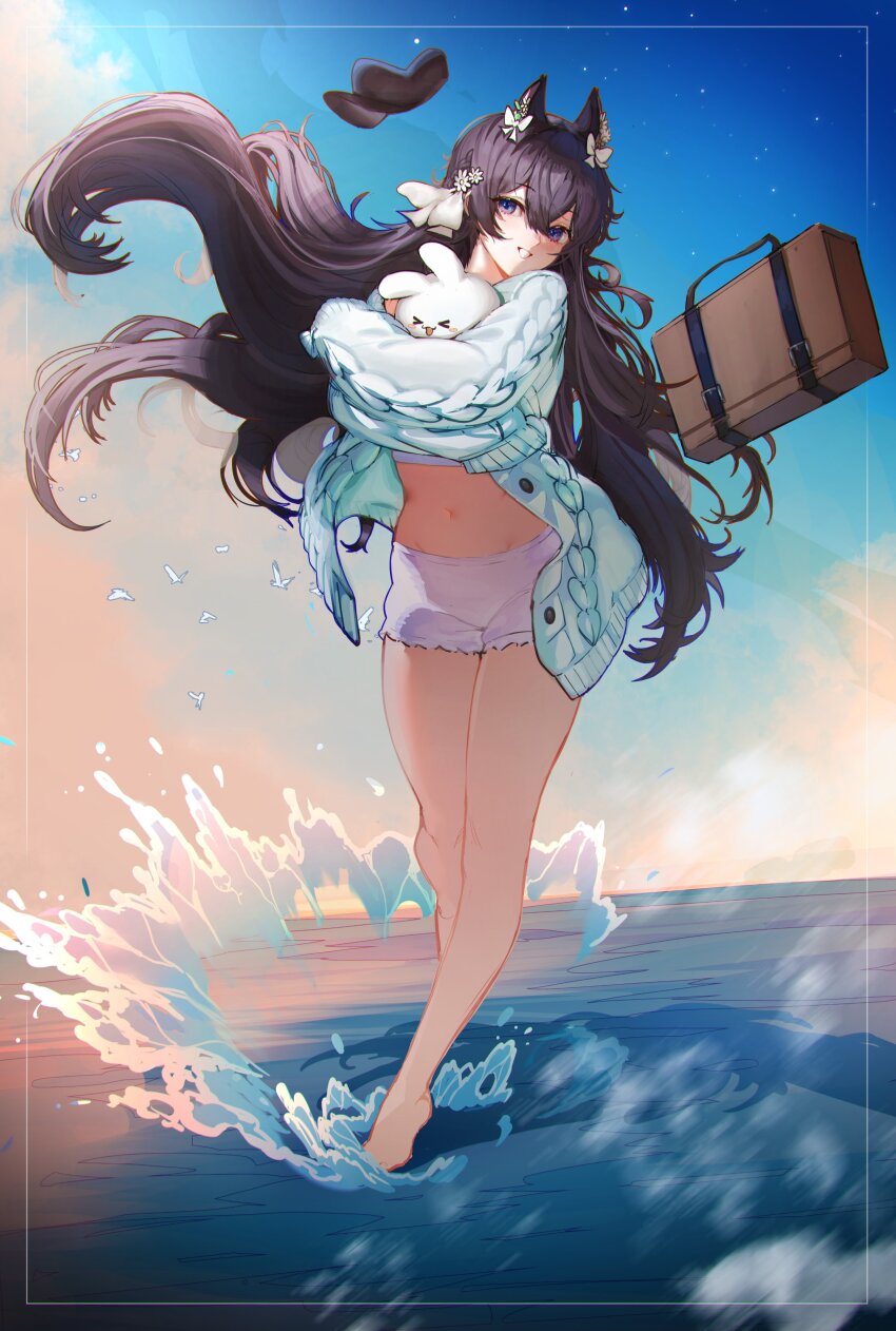 1girl, absurdres, animal_ears, black_hair, blue_cardigan, briefcase, cardigan, creature