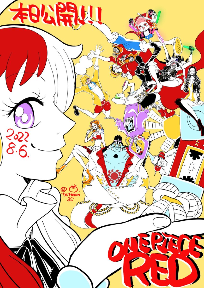 2022, 3girls, 6+boys, ^_^, arms_up, black_hair, blonde_hair, blue_hair, blue_shorts, boots, bottle, brook_(one_piece), closed_eyes, commentary, copyright_name, dated, dress, franky_(one_piece), green_hair, hat, highres, holding, holding_bottle, holding_lightstick, jacket, jinbe_(one_piece), long_hair, looking_at_viewer, monkey_d._luffy, multiple_boys, multiple_girls, nami_(one_piece), nico_robin, one_piece, one_piece_film:_red, orange_hair, purple_eyes, red_hair, roronoa_zoro, sanji_(one_piece), scar, scar_on_chest, shorts, straw_hat, sunglasses, tatman, tony_tony_chopper, usopp, uta_(one_piece), yellow_background