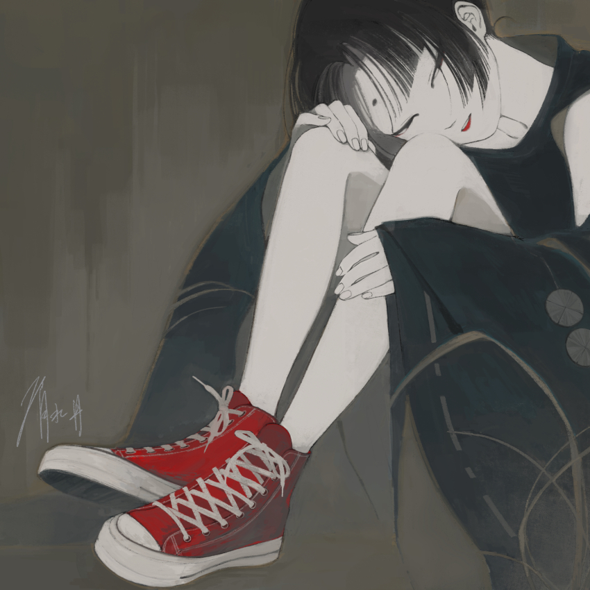 1boy, androgynous, black_hair, colored_skin, commentary, hand_on_own_knee, highres, original