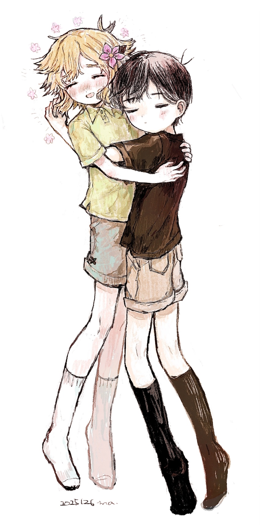 2boys, absurdres, alternate_costume, antenna_hair, basil_(faraway)_(omori), basil_(omori), black_hair, black_shirt, black_socks, blonde_hair, blush, brown_shorts, closed_eyes, closed_mouth, collared_shirt, dated, epipoxyp, flower, green_shirt, hair_flower, hair_ornament, highres, hug, kneehighs, male_focus, multiple_boys, omori, open_mouth, shirt, short_hair, short_sleeves, shorts, simple_background, smile, socks, sunny_(omori), t-shirt, white_background, white_socks