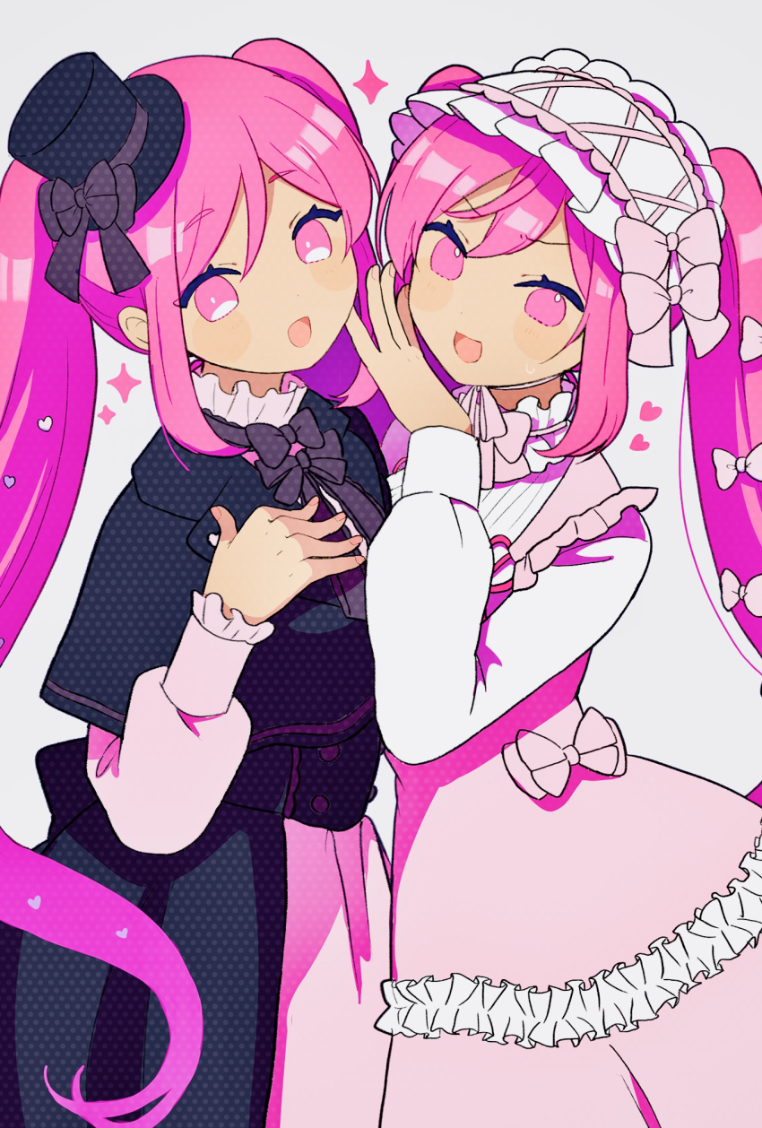 2girls, alternate_costume, black_bow, black_hat, black_ribbon, blush, bow, cb_ge000