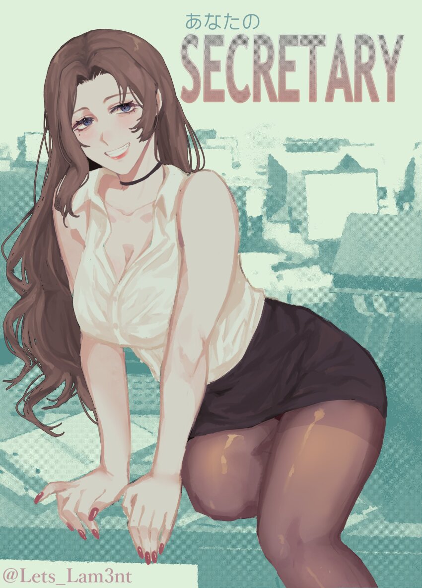 1girl, absurdres, artist_name, black_choker, black_pantyhose, blue_eyes, blush, breasts, brown_hair, choker, cleavage, collared_shirt, highres, large_breasts, lets_lam3nt, limbus_company, long_hair, looking_at_viewer, mole, mole_under_eye, office, office_lady, pantyhose, parted_bangs, pencil_skirt, project_moon, red_lips, red_nails, rodion_(project_moon), secretary, shirt, signature, sitting, sitting_on_table, skirt, sleeveless, sleeveless_shirt, smile, solo, twitter_username