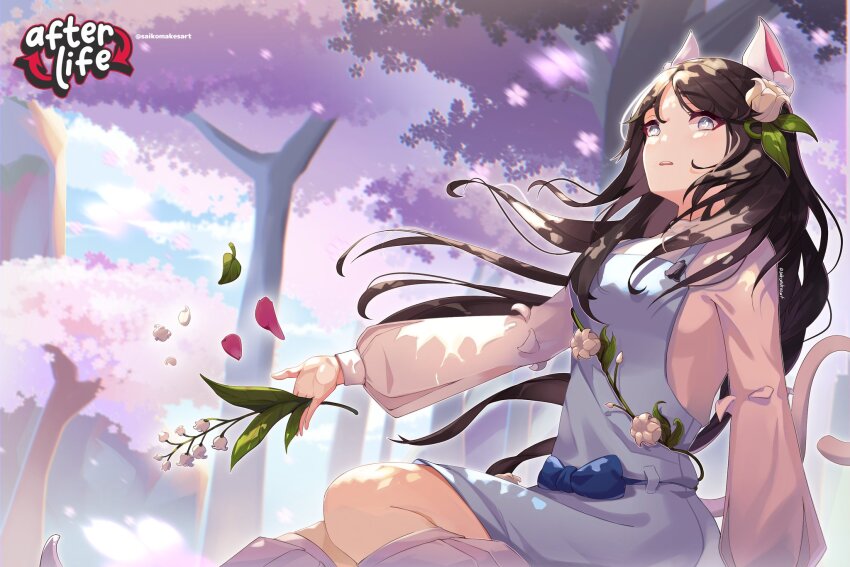 1girl, afterlife_smp, animal_ears, blue_bow, blue_overalls, bow, brown_hair, cat_ears