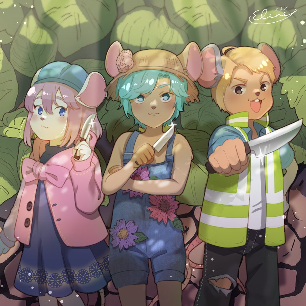 1girl, 2boys, :3, animal_ears, blonde_hair, blue_dress, blue_eyes, blue_hair