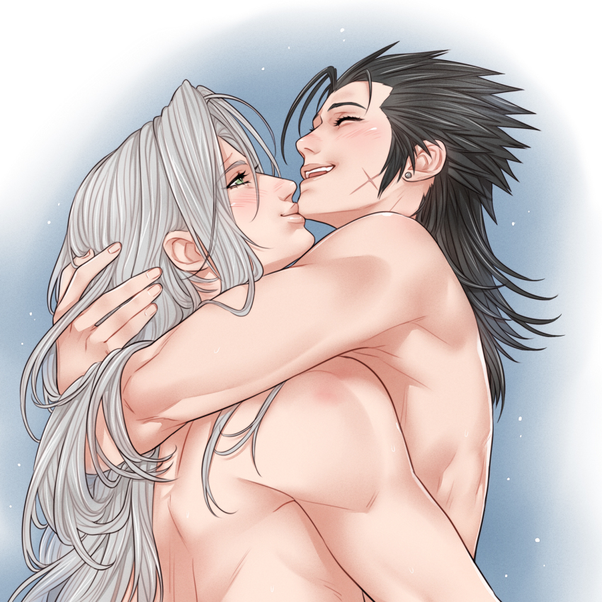 2boys, arms_around_neck, black_hair, blush, chin_kiss, closed_eyes, closed_mouth, commentary