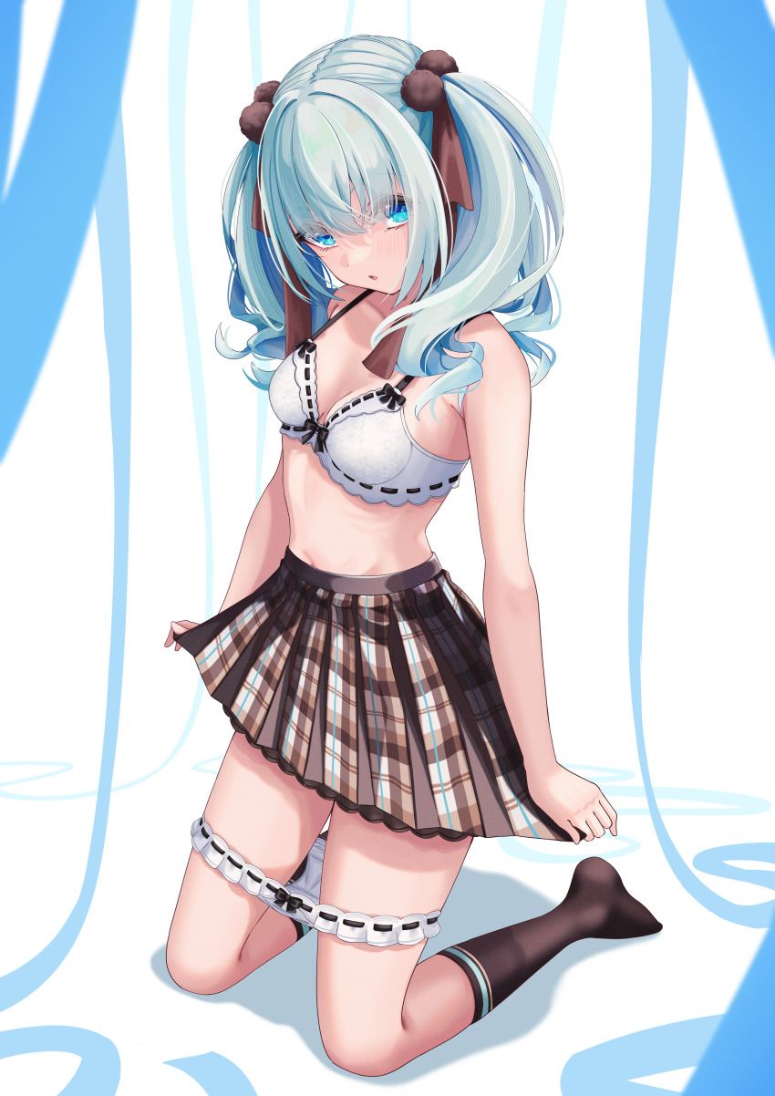 absurdres, black_socks, blue_eyes, bow, bow_panties, bra, breasts, brown_skirt, cleavage, clothes_lift, highres, indie_virtual_youtuber, kneehighs, kneeling, lifting_own_clothes, long_hair, navel, no_shirt, panties, panty_pull, plaid_clothes, plaid_skirt, ribbon, school_uniform, skirt, skirt_lift, socks, suimya_(vtuber), thighs, torzzei, twintails, underwear, virtual_youtuber, white_bra, white_hair, white_panties