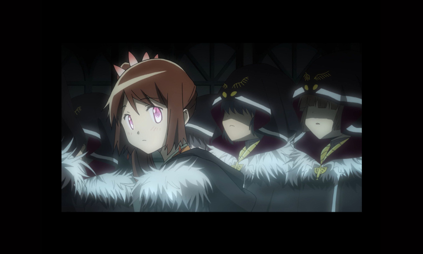 3girls, alternate_eye_color, anime_coloring, artist_request, black_border, black_cloak, black_hair, border