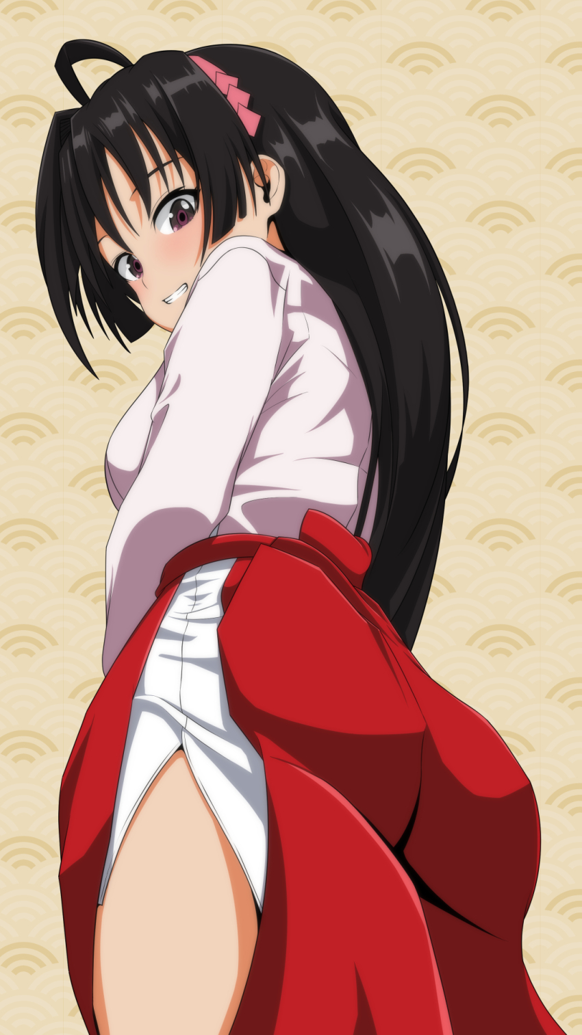 1girl, ass, ass_focus, black_eyes, black_hair, blush, breasts, brown_background