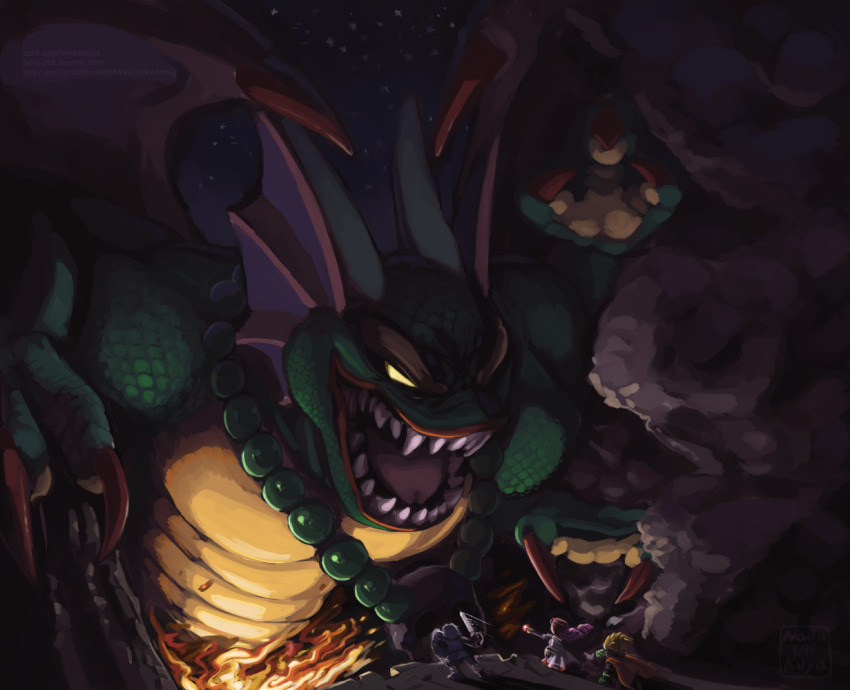 1girl, 3boys, alt_text, anniversary, bat_wings, bead_necklace, beads, boss_fight, claws, commentary, cousins, dragon, dragon_quest, dragon_quest_ii, english_commentary, extra_arms, fins, fire, giant, giant_monster, green_scales, head_fins, holding, holding_shield, holding_staff, holding_sword, holding_weapon, horns, imminent_fight, jewelry, monster, monster_focus, multiple_boys, necklace, night, no_pupils, octo-l95, open_mouth, prince_of_lorasia, prince_of_samantoria, princess_of_moonbrook, sharp_teeth, shield, sidoh, size_difference, skull_necklace, sky, smoke, staff, sword, teeth, weapon, wings