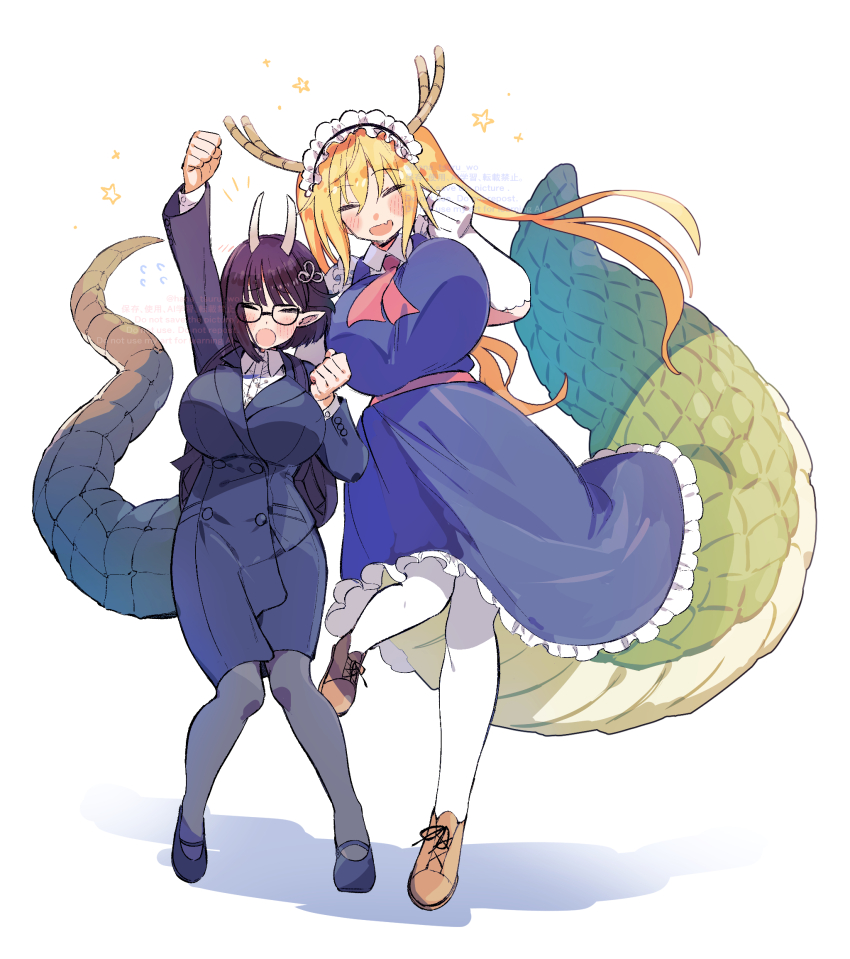 2girls, arm_up, biscione_(fate), biscione_(first_ascension)_(fate), black_pantyhose, blonde_hair, blue_footwear, breasts, brown_footwear, business_suit, closed_eyes, crossover, dragon_girl, dragon_horns, dragon_tail, dress, elbow_gloves, facing_viewer, fate/grand_order, fate_(series), formal_clothes, frilled_dress, frills, full_body, glasses, gloves, highres, horns, kobayashi-san_chi_no_maidragon, large_breasts, large_tail, long_hair, long_sleeves, maid, maid_headdress, multiple_girls, necktie, open_mouth, pantyhose, pencil_skirt, purple_hair, red_necktie, shirt, simple_background, skirt, smile, sugomori_tsuru_(hana_tsuru_wo), suit, tail, tohru_(maidragon), twintails, white_background, white_gloves, white_shirt
