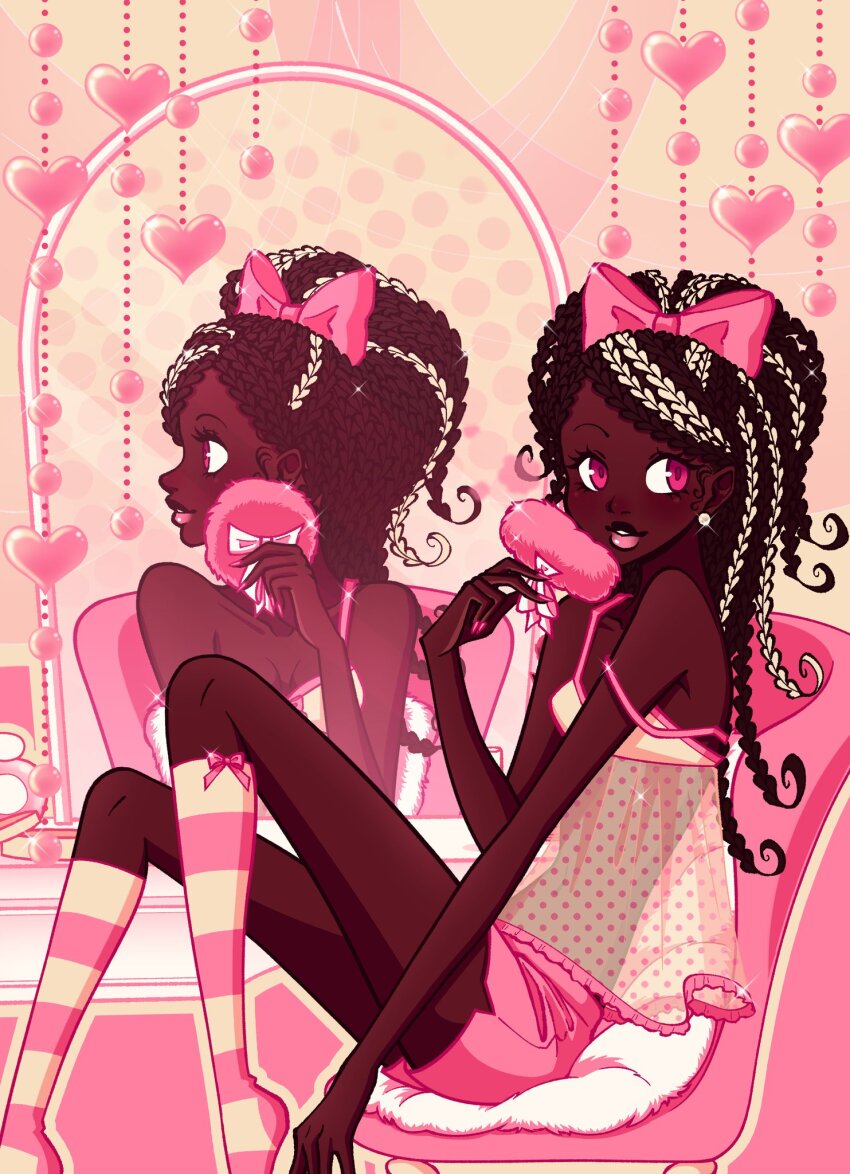 1girl, black_hair, blonde_hair, bow, braid, commentary, dark-skinned_female, dark_skin