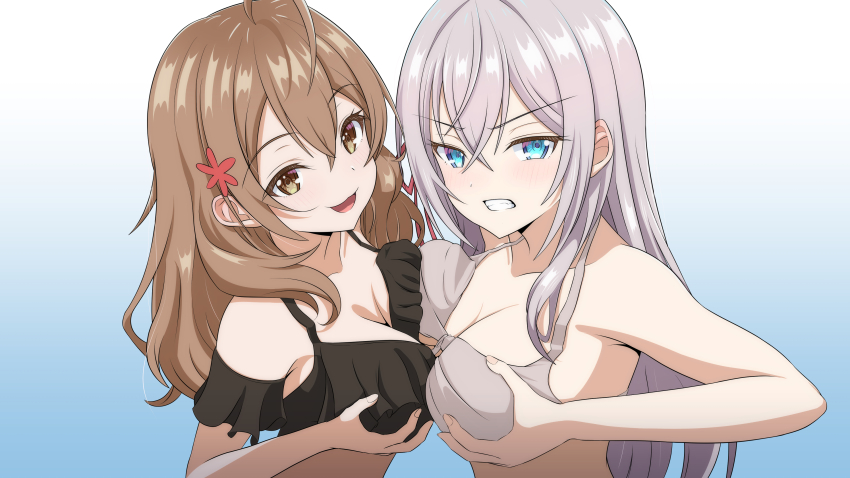 2girls, absurdres, alisa_mikhailovna_kujou, annoyed, asymmetrical_docking, bikini, black_bikini, blue_background