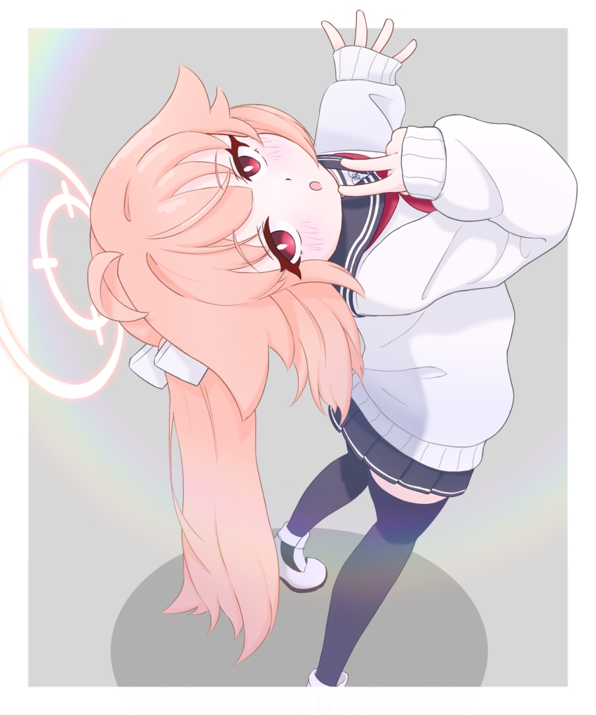 1girl, :o, absurdres, ahoge, black_sailor_collar, black_skirt, black_thighhighs, blue_archive, blush, border, bright_pupils, cardigan, commentary_request, eyes_visible_through_hair, foot_out_of_frame, foreshortening, from_above, grey_background, hair_between_eyes, halo, hands_up, highres, leaning_back, long_hair, looking_at_viewer, miniskirt, natsu_(blue_archive), neckerchief, ning0kuarchive, open_mouth, pink_hair, pink_halo, pleated_skirt, red_eyes, red_neckerchief, sailor_collar, school_uniform, serafuku, side_ponytail, simple_background, skirt, sleeves_past_wrists, solo, standing, thighhighs, upturned_eyes, v, white_border, white_cardigan, white_footwear, white_pupils, zettai_ryouiki