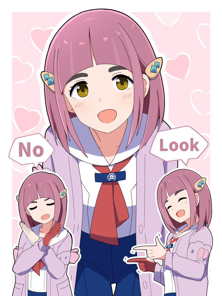 1girl, :d, arched_bangs, blue_pants, blush, border, brown_eyes, cardigan