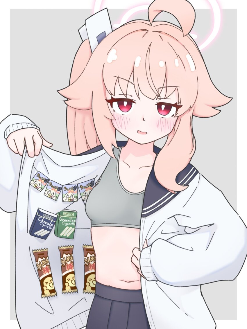 1girl, ahoge, black_sailor_collar, black_skirt, blue_archive, blush, bright_pupils, cardigan