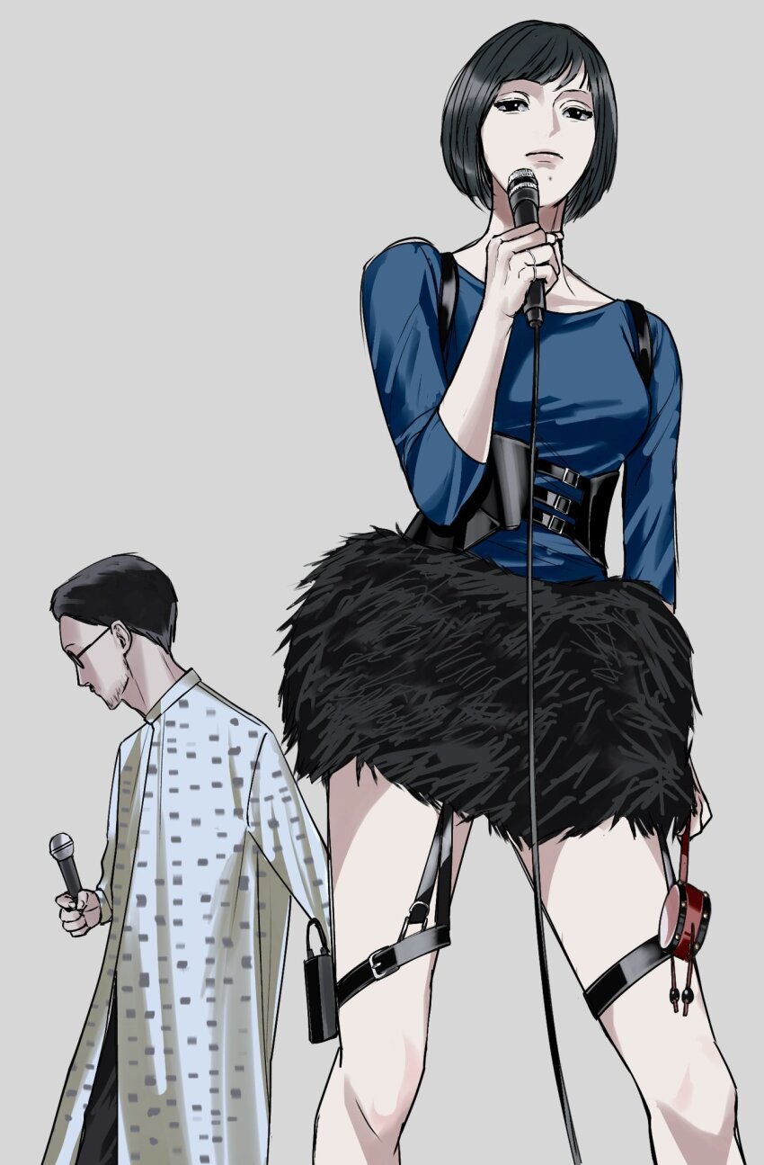 1boy, 1girl, amikoiiko, beard_stubble, belt, belt_buckle, black_belt, black_hair