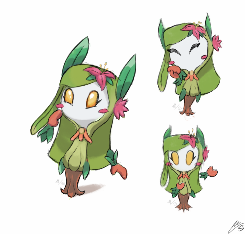 1girl, blush_stickers, closed_eyes, crossover, flower, fusion, gen_5_pokemon, green_hair, hair_flower, hair_ornament, kirby_(series), lilligant, lizzle_(_dufz5278), multiple_views, nintendo, own_hands_together, pokemon, rayman_limbs, signature, susie_(kirby), yellow_eyes