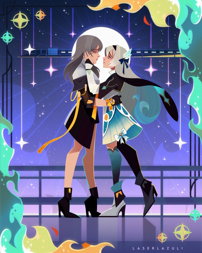 absurdres, cropped_jacket, dress, firefly_(honkai:_star_rail), hair_between_eyes, hair_ornament, hair_ribbon, hairband, hand_on_another's_cheek, hand_on_another's_face, high_heels, highres, honkai:_star_rail, honkai_(series), laserlazuli, long_sleeves, ribbon, stelle_(honkai:_star_rail), thighhighs, trailblazer_(honkai:_star_rail)