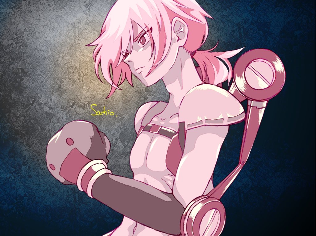 1boy, armor, boxing_gloves, male_focus, megalobox, navel, ponytail, sachio_(megalo_box)