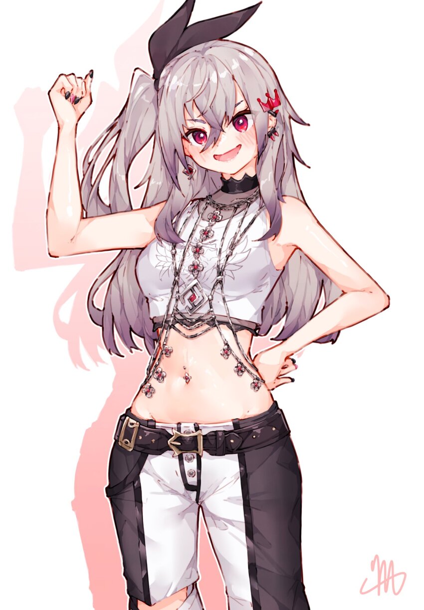 1girl, crop_top, cropped_shirt, earrings, grey_hair, hand_on_own_hip, highres, hololive