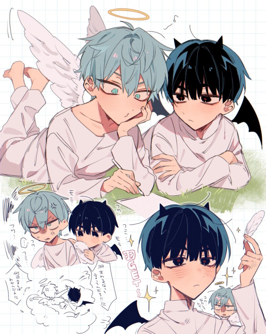 2boys, alien_stage, angel, angel_and_devil, angel_wings, anger_vein, black_eyes, black_hair