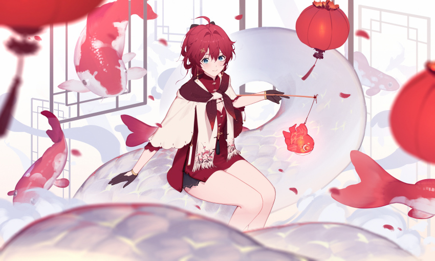 1girl, absurdres, ahoge, alternate_costume, animal, animal_lantern, bare_legs, black_gloves, blue_eyes, bracelet, breasts, chinese_commentary, cleavage, cloak, commentary, danjin_(wuthering_waves), dress, earrings, feet_out_of_frame, from_side, giant_snake, gloves, gold_bracelet, hair_between_eyes, hair_intakes, hair_ornament, hairclip, highres, holding, holding_lantern, hood, hood_down, hooded_cloak, jewelry, koi, lantern, legs_together, looking_at_viewer, mandarin_collar, oversized_animal, paper_lantern, print_cloak, red_dress, red_hair, short_dress, sitting, sitting_on_animal, small_breasts, snake, solo, tassel, white_background, white_snake, wuthering_waves, xini_m