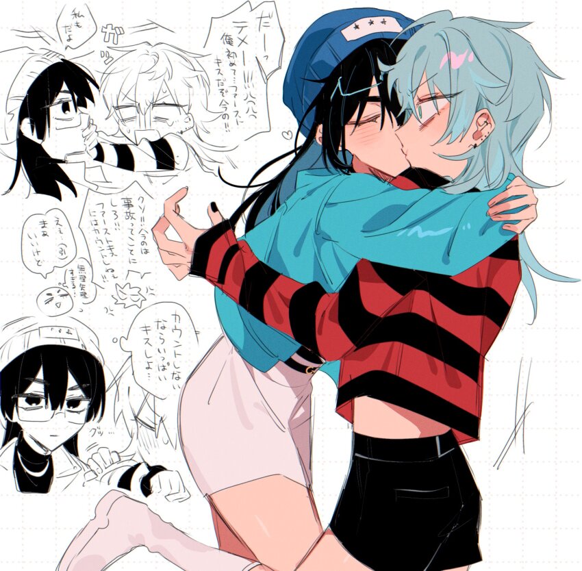 2girls, alien_stage, arms_around_neck, beanie, black_hair, black_nails, black_shirt, black_shorts