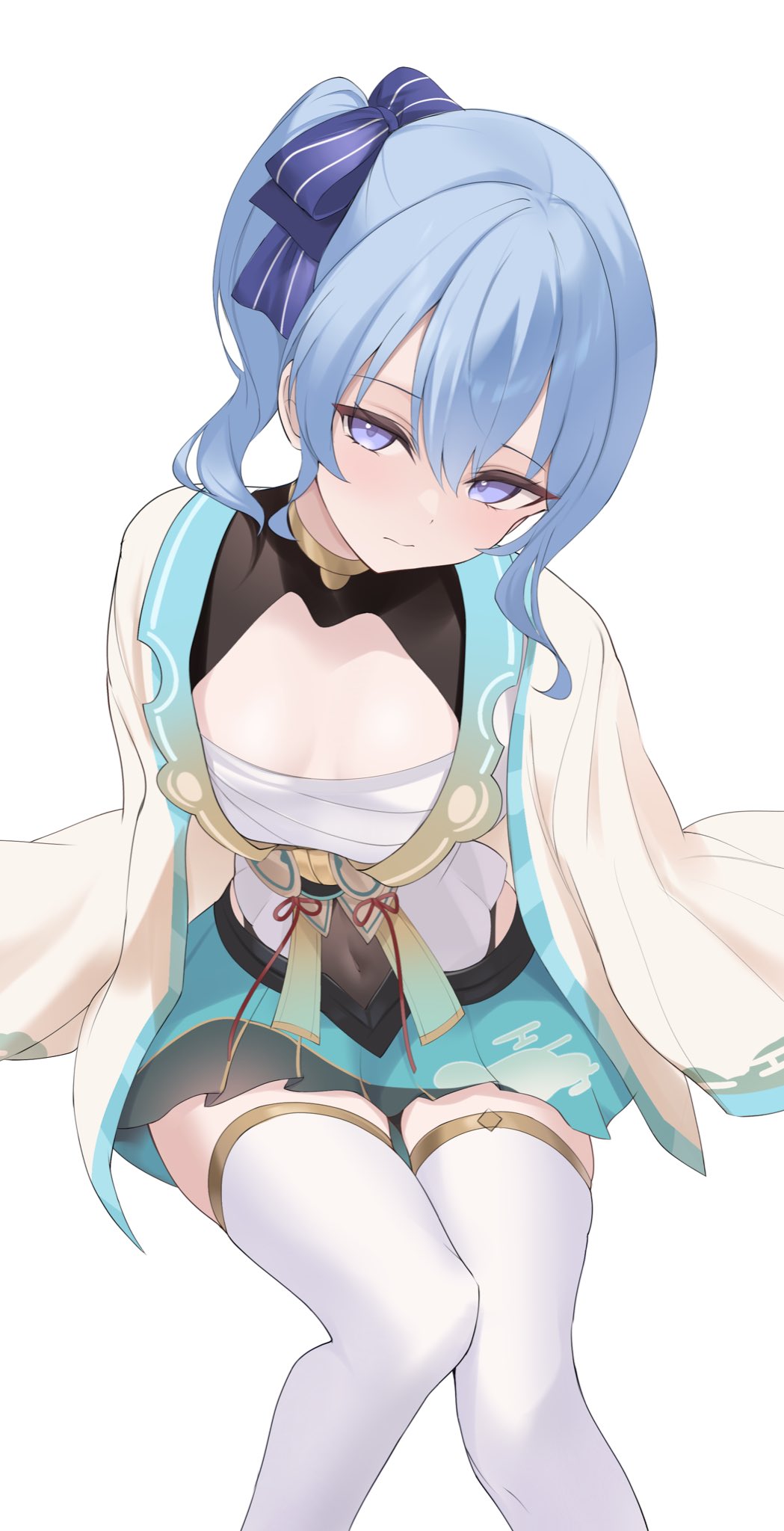 1girl, aqua_skirt, blue_bow, blush, bow, breasts, chest_sarashi, cleavage
