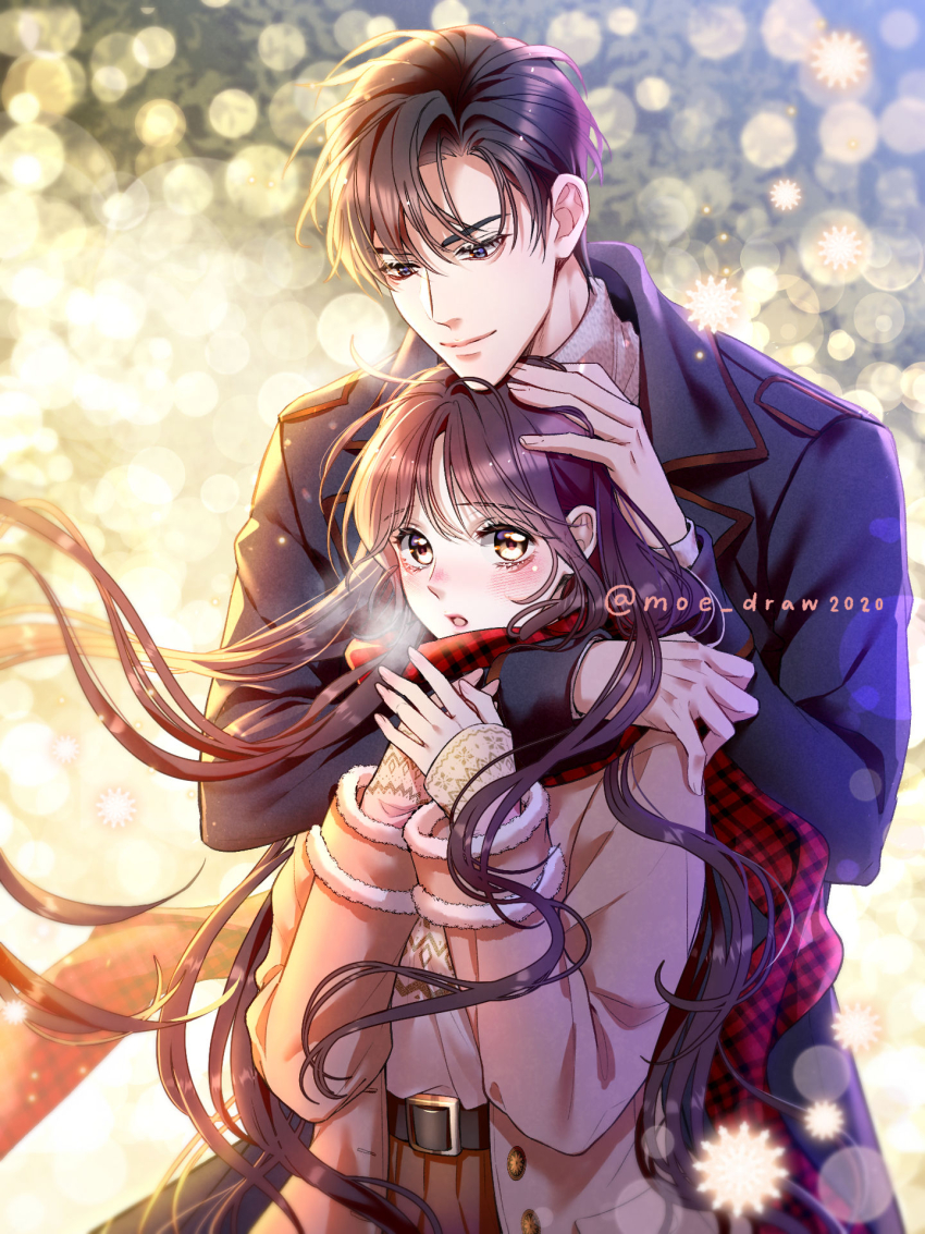 1boy, 1girl, :o, artist_name, belt, bishounen, black_coat, blush