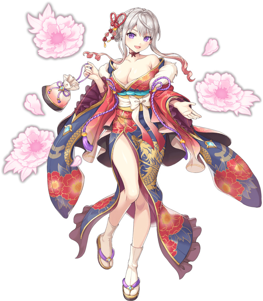 1girl, artist_request, bare_legs, bare_shoulders, breasts, cleavage, dragon_print, floral_print