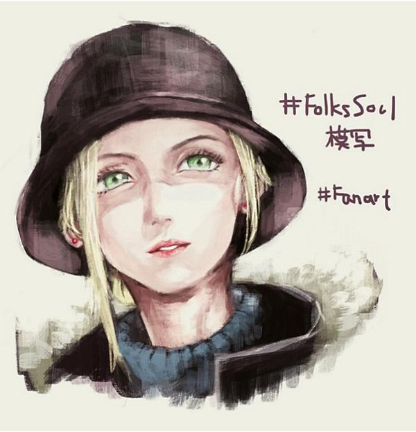 1girl, black_jacket, blonde_hair, blue_sweater, cloche_hat, earrings, ellen_(folkssoul), folkssoul